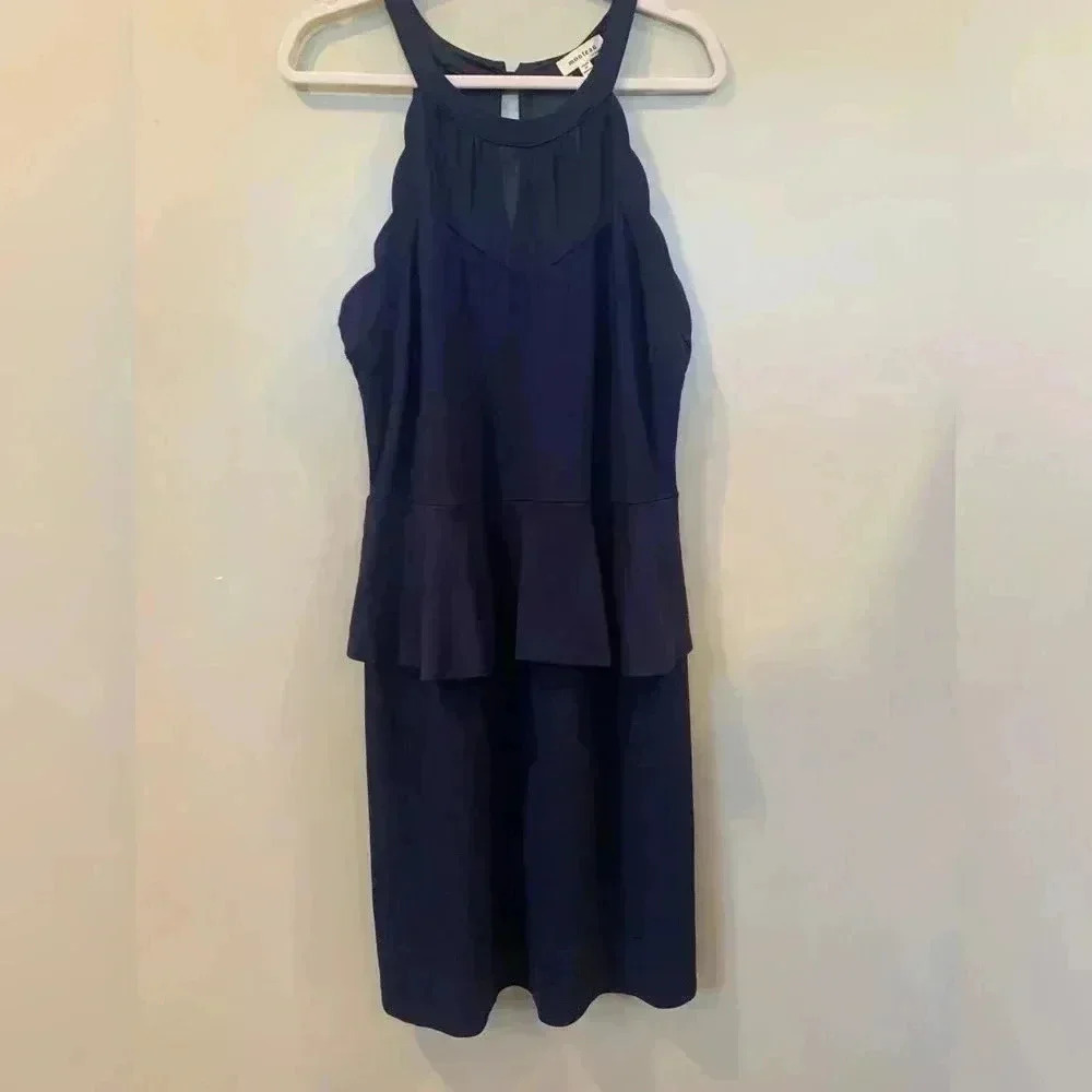 Monteau Navy Women’s 2X Blue Halter Evening Dress w/ Sheer Panels Scallop Detail